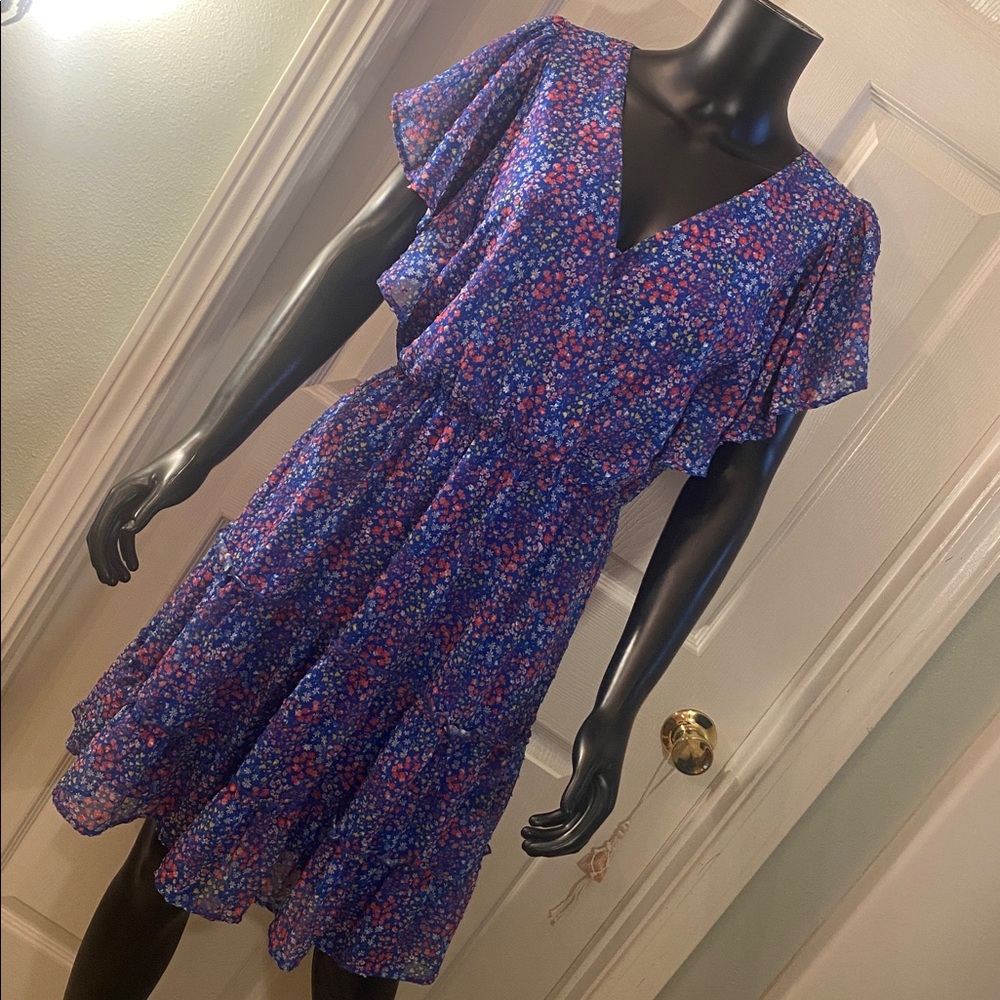 Peach Love California Blue Red Yellow White Sheer Floral Mini Dress
